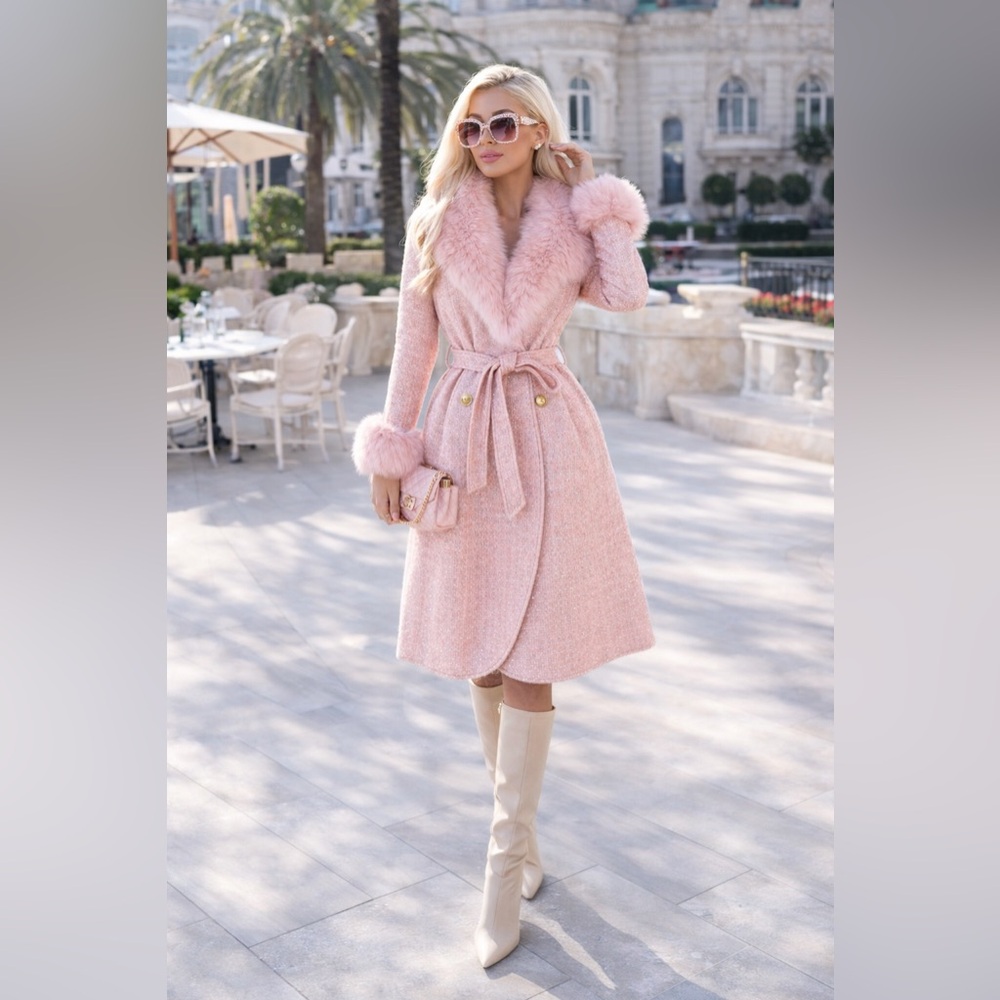 B. Coature Pink Tweed Faux Fur Belted Coat NWT Barbiecore Jacket M